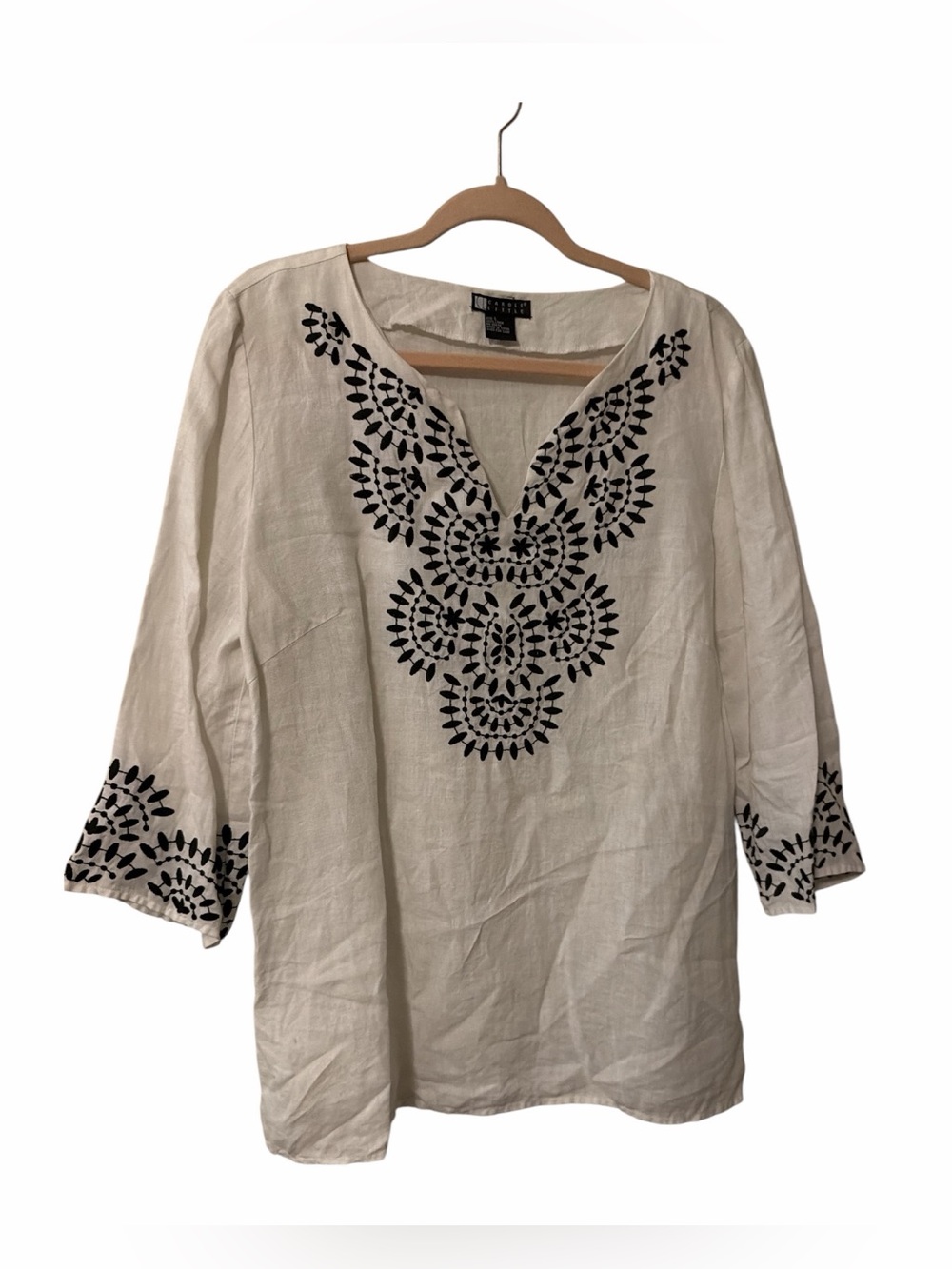 Carole Little 100% Linen Embroidered Tunic Top White Black L